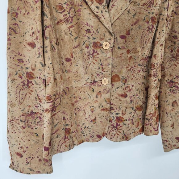 Vintage ITW Floral Print Suede Leather Jacket 12 Women's Button Down Boho Tan - Picture 5 of 8